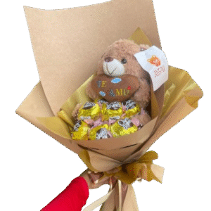 Buquê Pelúcia "Te Amo" + Chocolates Ouro Branco + Rosa Unitária