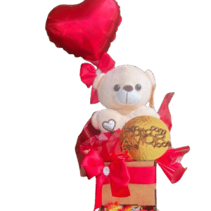 Caixa Pelúcia Urso + Chocolates Ouro Branco + Flores